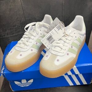 Adidas  Sambas White and Light Green Sneakers with Gum Sole flowers 🌺